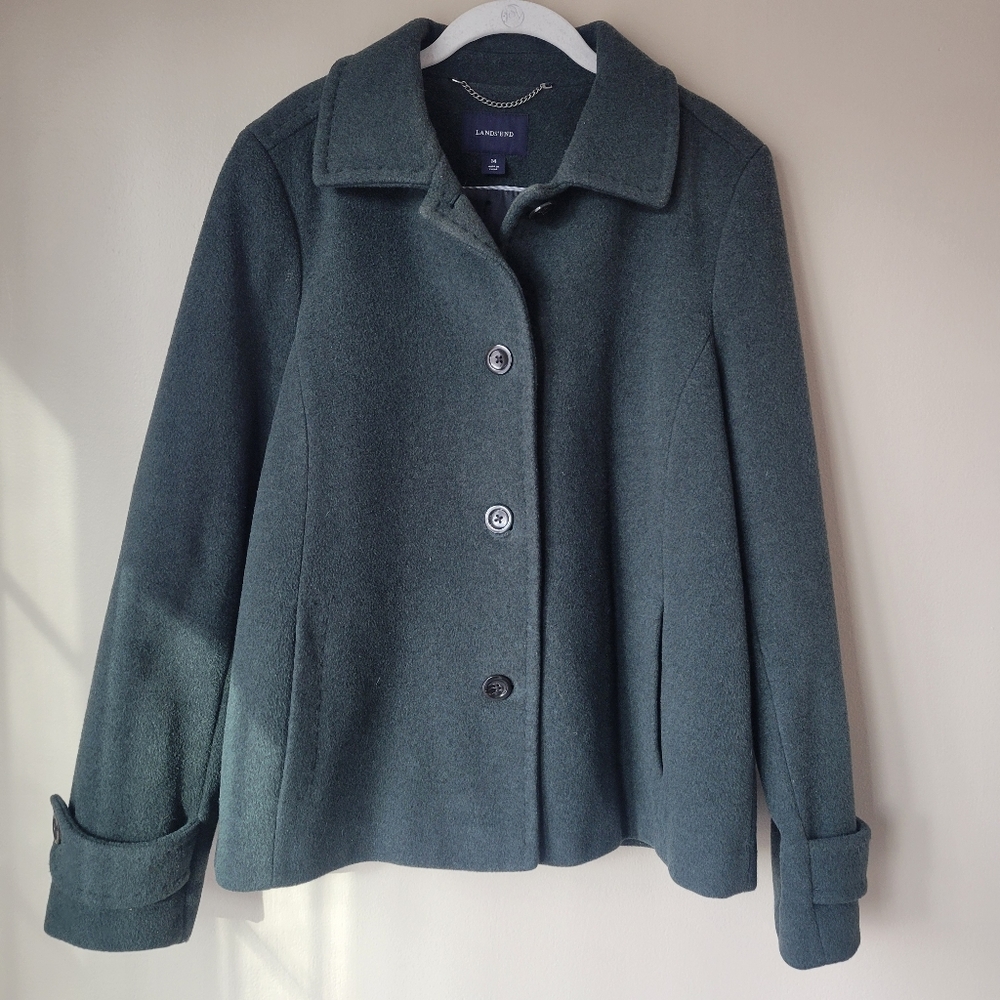Land's End Wool Cashmere Blend Car Style Coat Size 14 Green